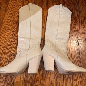 White heeled knee high detailed cowboy boots , size 10
